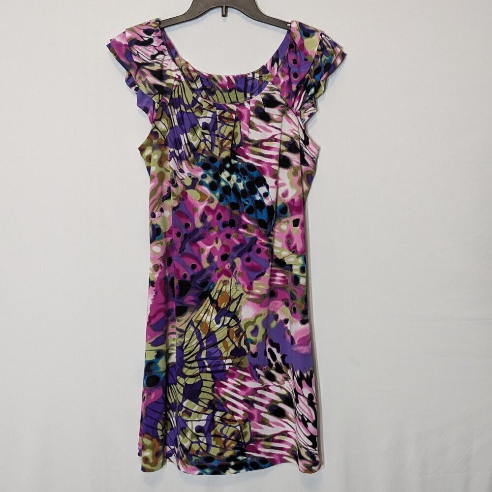 Purple, Pink, Green; Short, Stretch Knit Short Sleeve Peasant Dress; Size 6-8